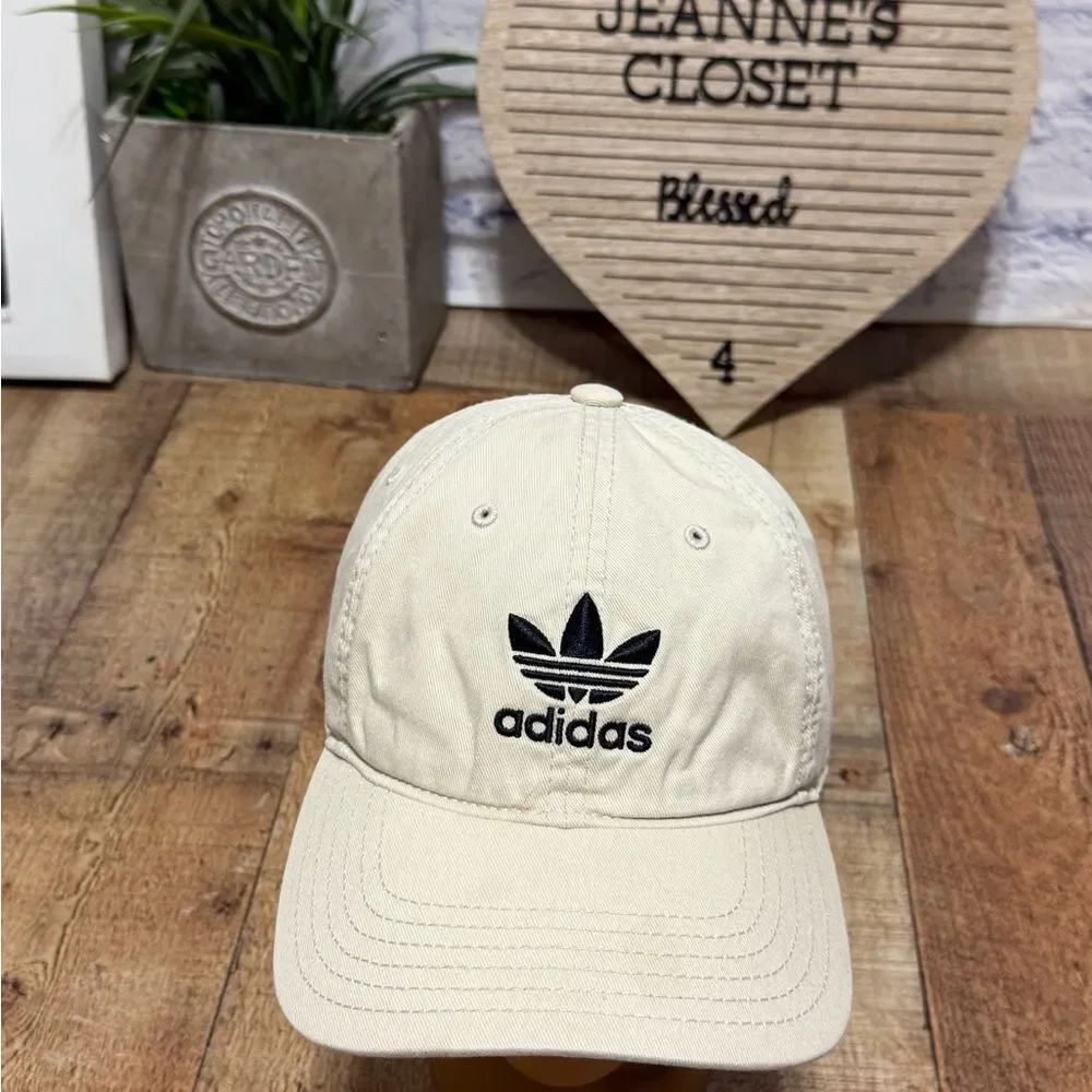 Adidas Trefoil Hat Cap Strap Back Military Beige Black Logo Outdoor Casual Unise